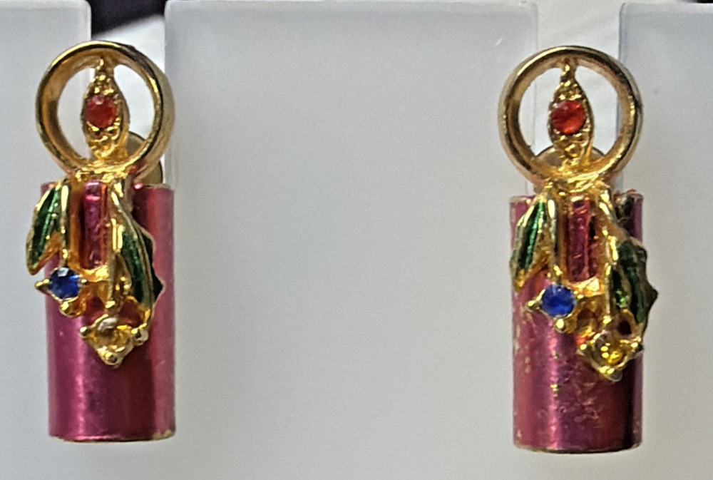 Vintage Enamel Rhinestone Candlestick Candle Earrings Pink Gold Tone